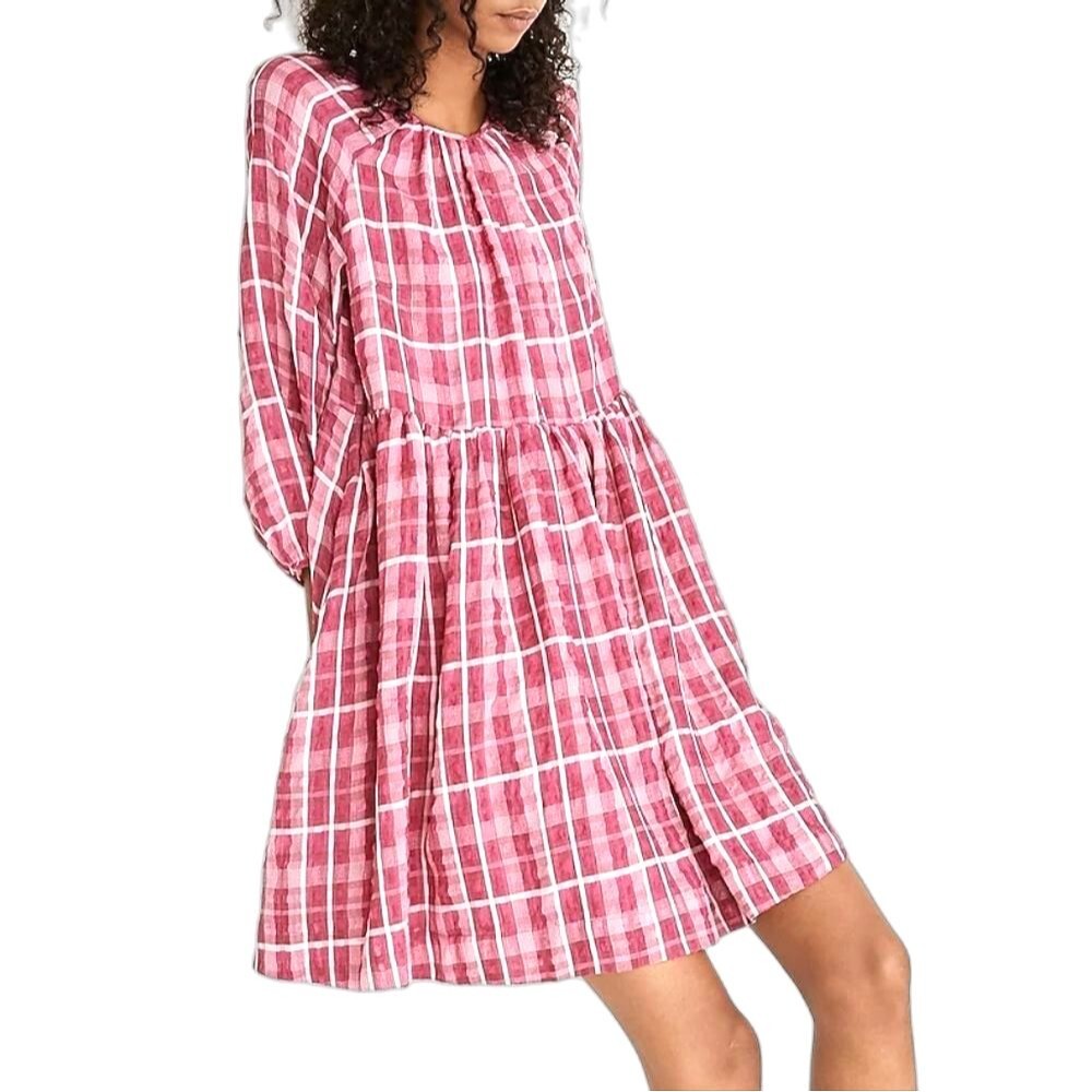 Madewell Pink Plaid Shirred Long Sleeve Babydoll Mini Dress Size M